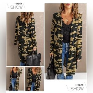 NWOT Women’s Long Sleeve Open Front Camo Print Knit Cardigans, Green, Large